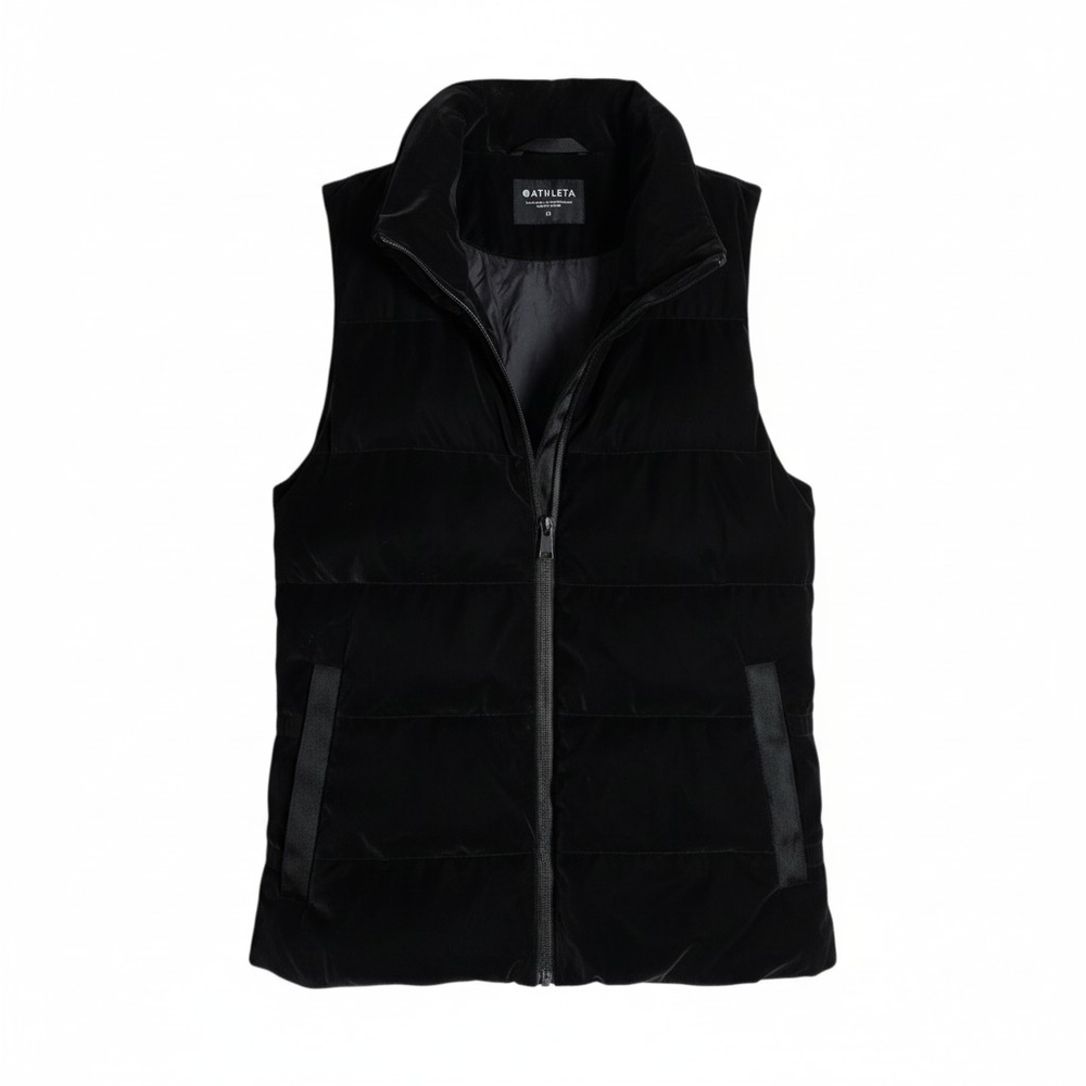 Athleta Luxe Velvet Down Puffer Vest Black Goose Down Zipper Front Soft Medium